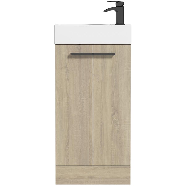 Clarity Compact oak floorstanding vanity unit with black handles and basin 410mm
