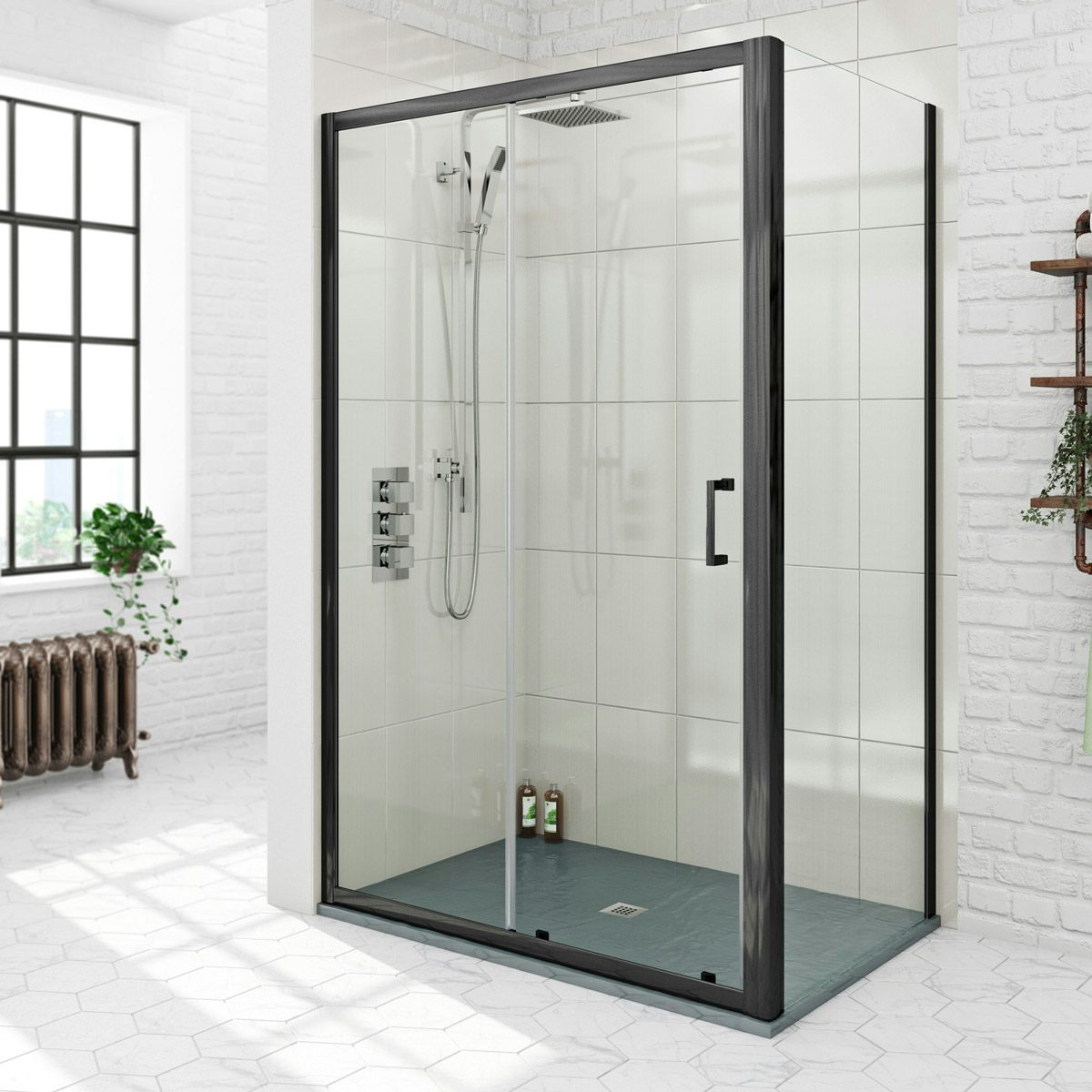 Mode Black 6mm Sliding Shower Enclosure With Grey Slate Effect Tray 1200 X 800