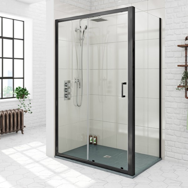 Mode black 6mm sliding shower enclosure with grey slate effect tray 1200 x 800
