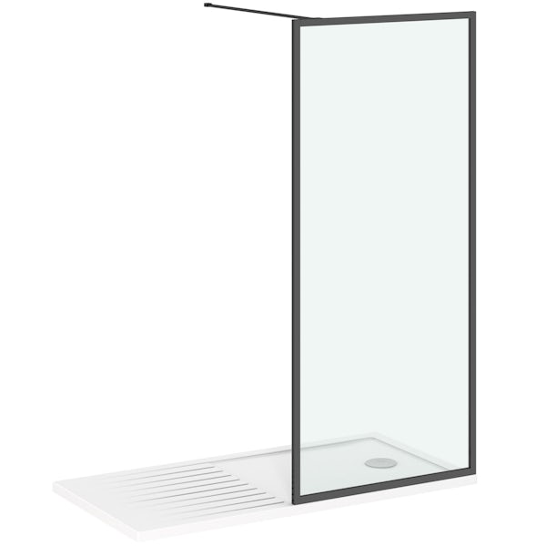 Orchard 6mm black framed wet room glass screen with walk in tray 1400 x 900