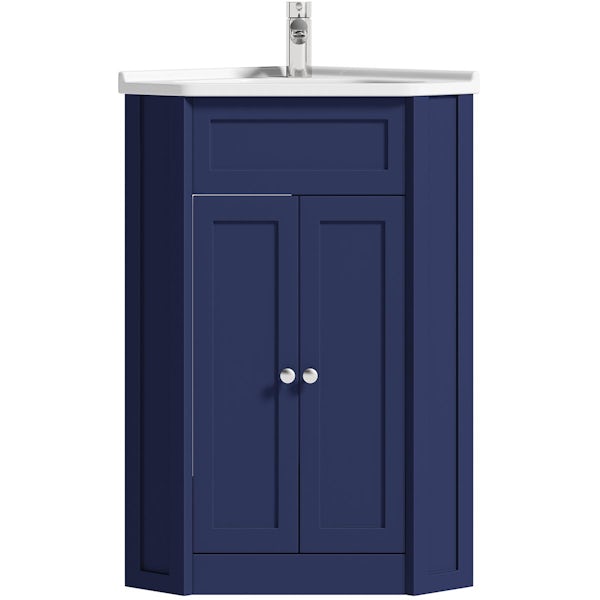 The Bath Co. Camberley navy corner floorstanding vanity unit and ceramic basin 580mm with tap