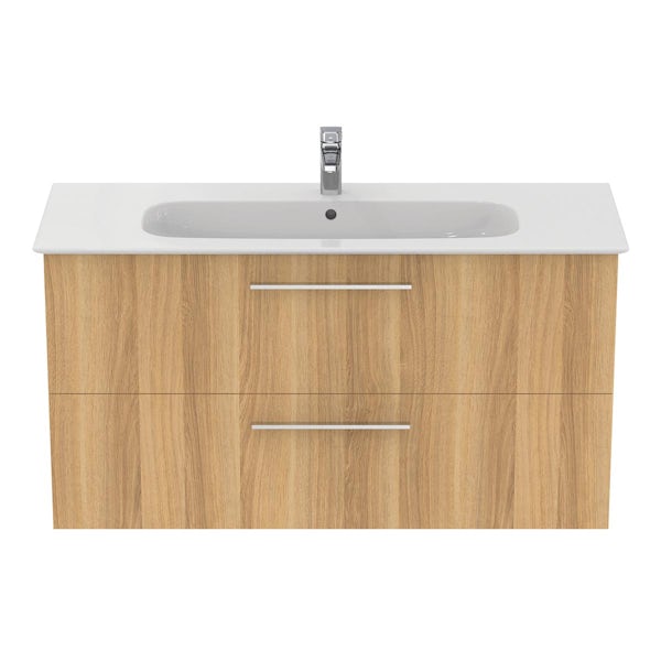 Ideal Standard i.life A natural oak wall hung vanity unit with 2 drawers and brushed chrome handles 1240mm