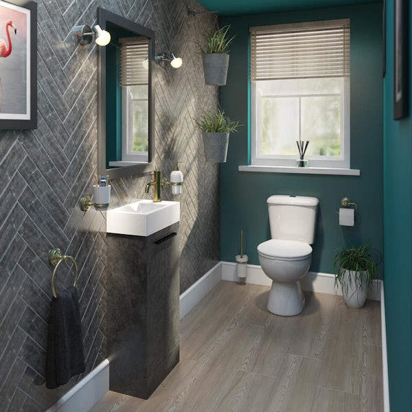 Clarity Compact riven grey floorstanding black handles cloakroom suite with close coupled toilet