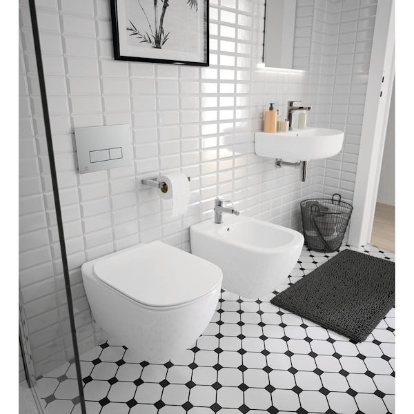 Ideal Standard Tesi wall hung toilet with Aquablade, soft close seat, frame and Oleas flush plate