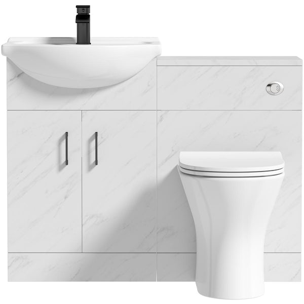 Orchard Lea marble furniture combination with black handle and Derwent round back to wall toilet with seat