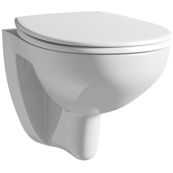 Grohe Bau wall hung toilet with soft close seat and wall mounting frame and Nova flush plate