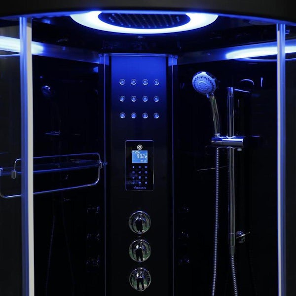 Vidalux Essence quadrant black framed steam shower cabin with black tray,  floor and seat