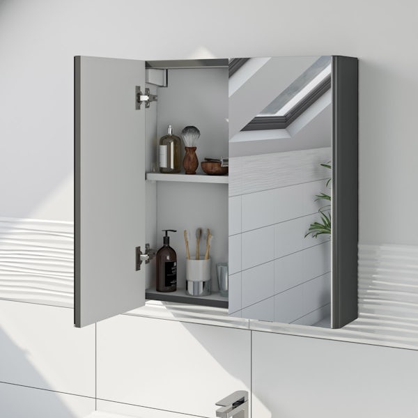 Mode Carter slate gloss grey floorstanding vanity unit and ceramic basin 600mm with mirror cabinet