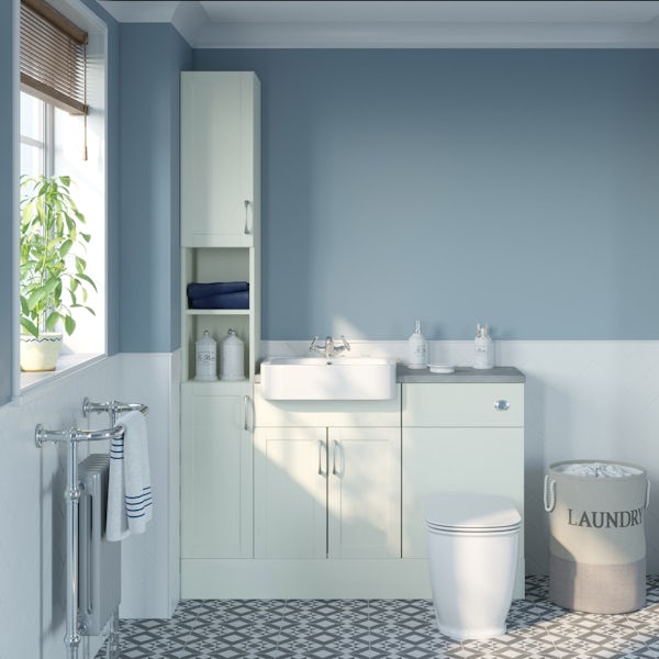 The Bath Co. Newbury white tall fitted furniture combination with pebble grey worktop