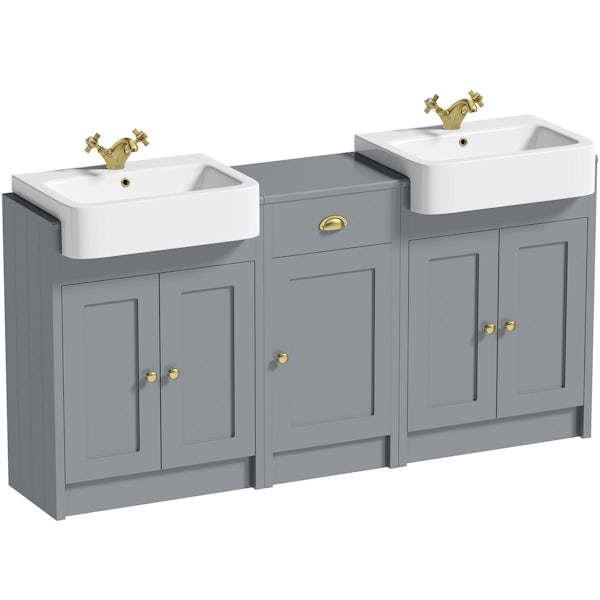 Orchard Dulwich stone grey floorstanding double vanity unit and basin with storage combination - brushed brass