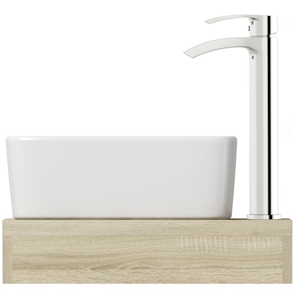 Mode Orion oak countertop shelf with Ellis basin, tap and waste