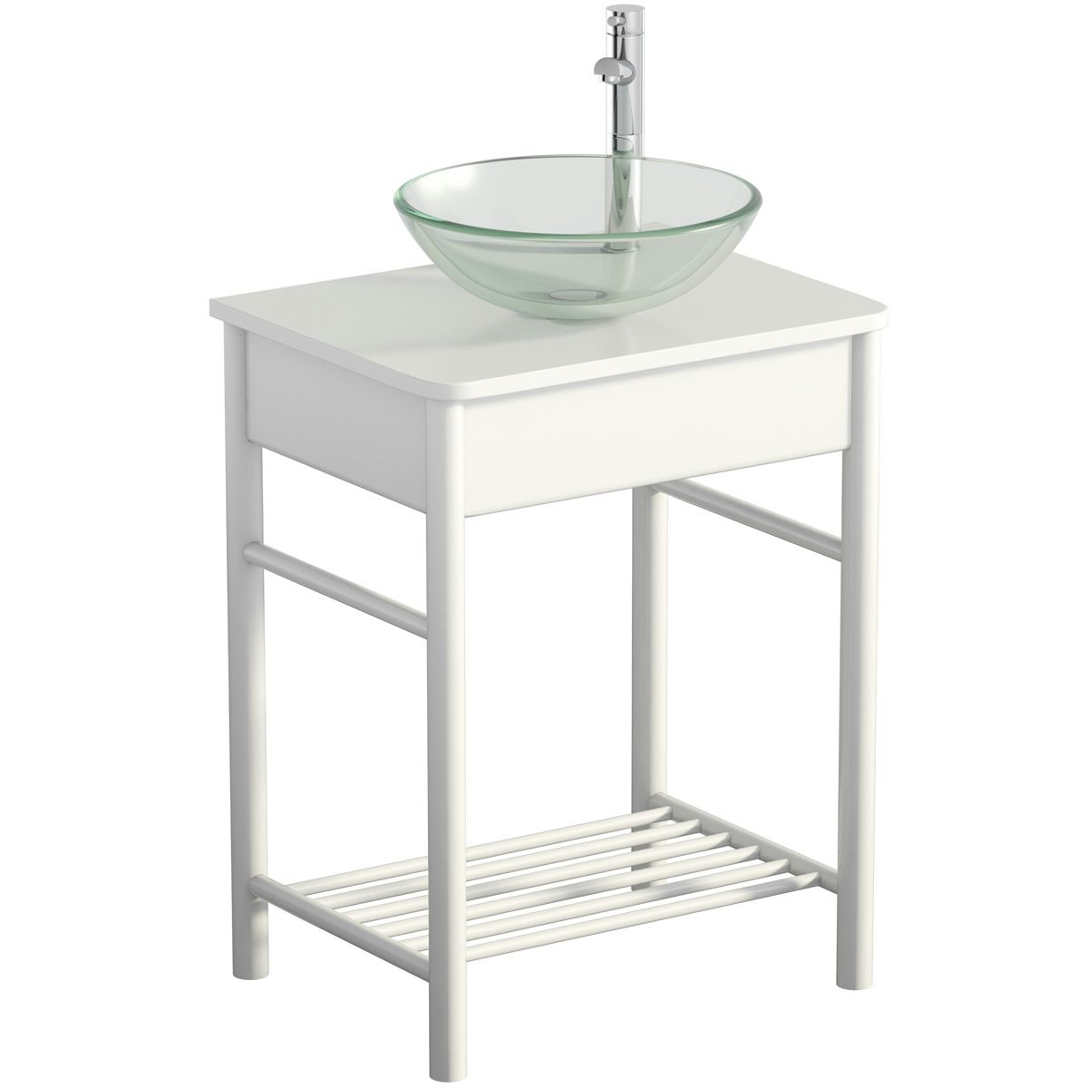 Mode South Bank white washstand and top 600mm with Mackintosh glass countertop basin, tap and waste