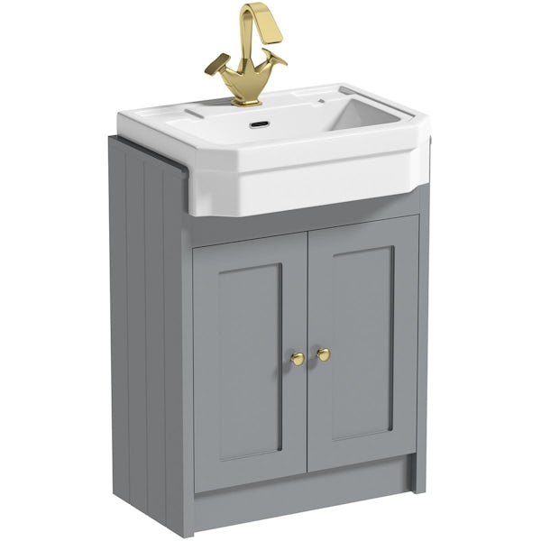 Orchard Dulwich stone grey floorstanding vanity unit and Eton semi recessed basin 600mm - brushed brass