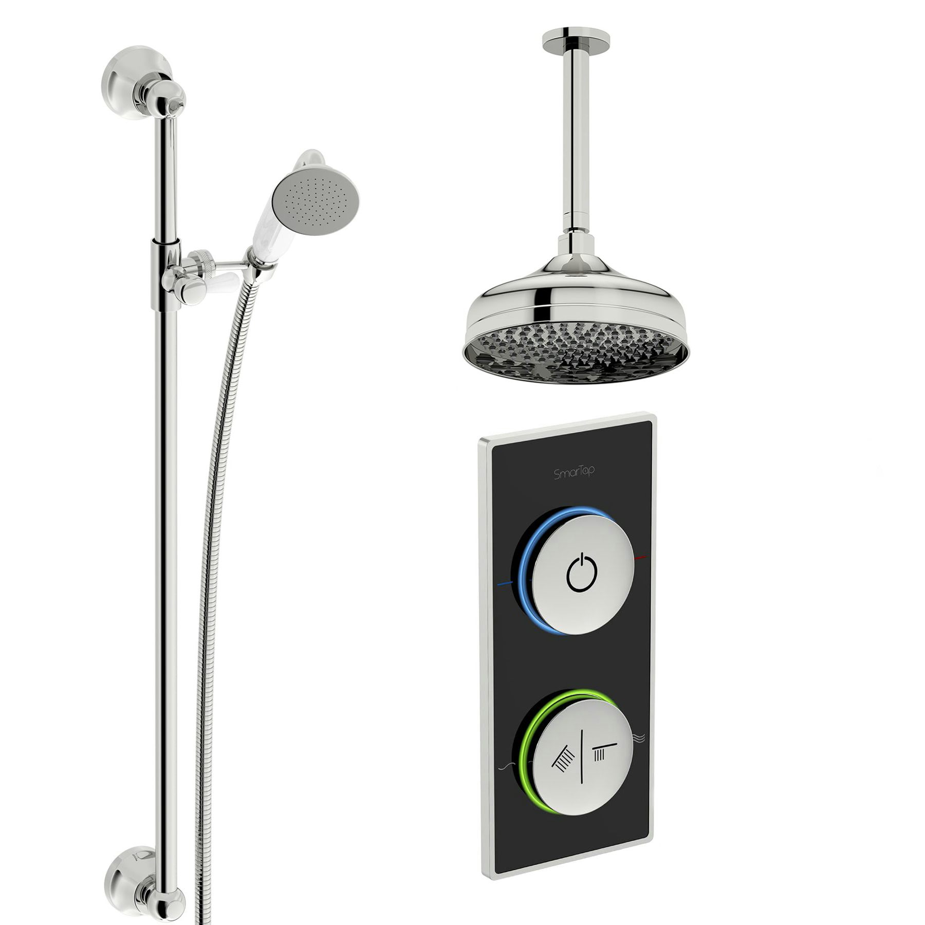 SmarTap black smart shower system with traditional slider rail and ceiling shower set