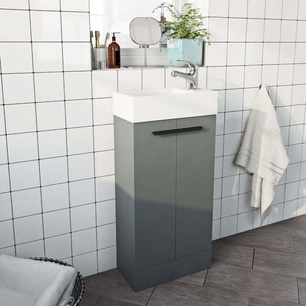 Clarity Compact satin grey cloakroom suite with contemporary close coupled toilet and black handles