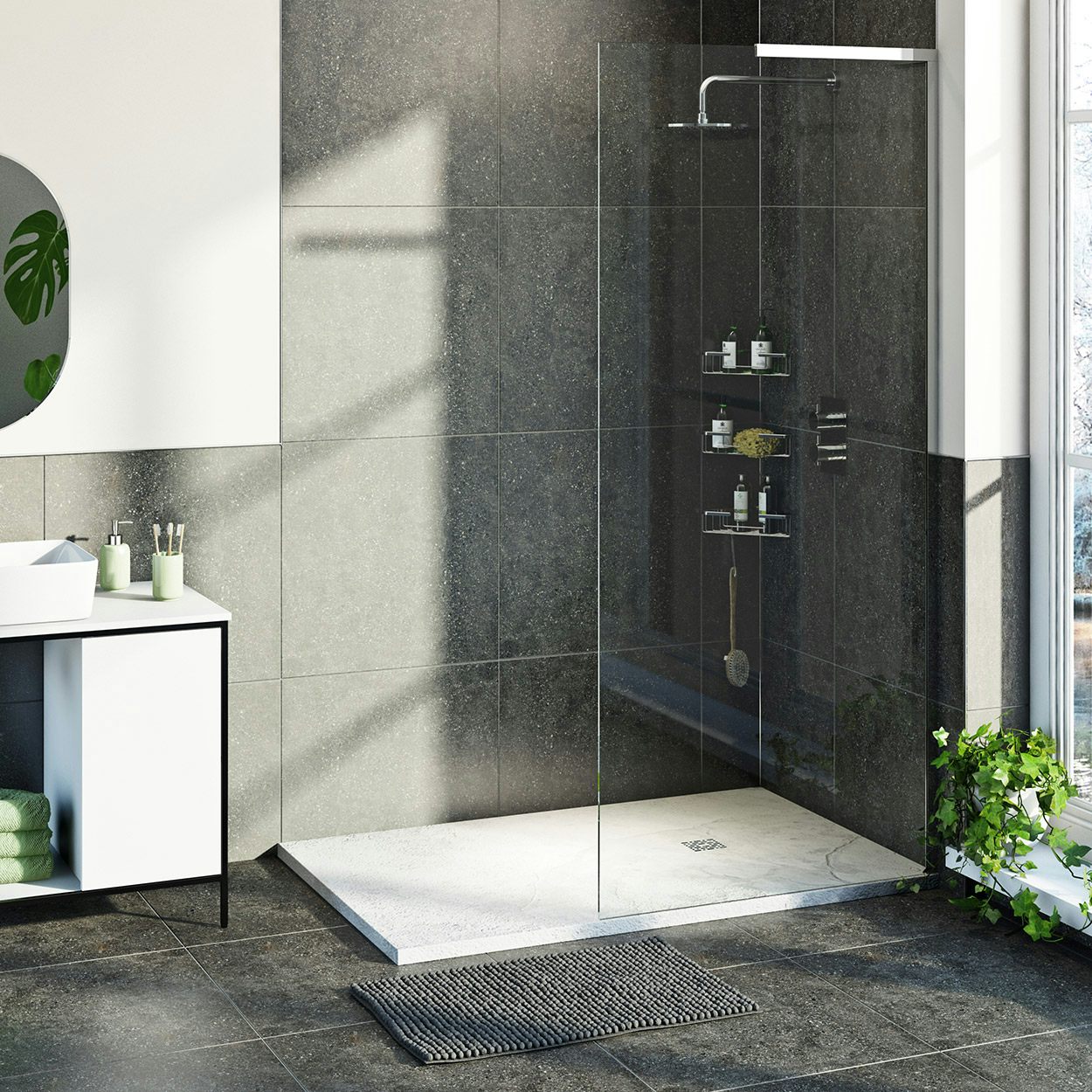 Mode 8mm walk in right handed shower enclosure bundle with white slate effect shower tray 1600 x 800