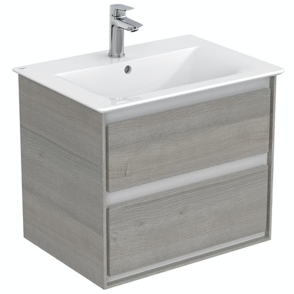 Ideal Standard Concept Air wood light grey and matt white wall hung vanity unit and basin 600mm with free tap