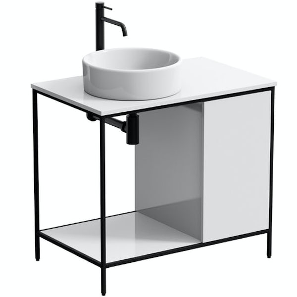 Mode Bergne white washstand with black steel frame, countertop basin and compact toilet