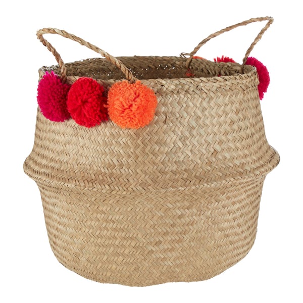 Large natural pom pom seagrass basket