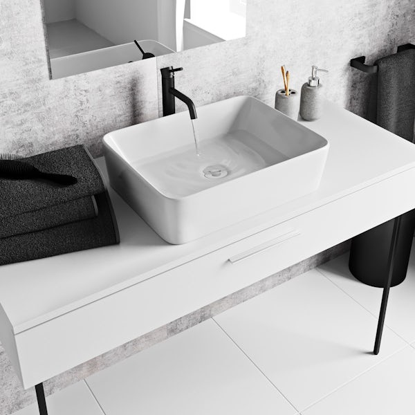 Mode Scher white countertop drawer unit and black steel legs 1200mm with Ellis countertop basin, tap, waste and trap