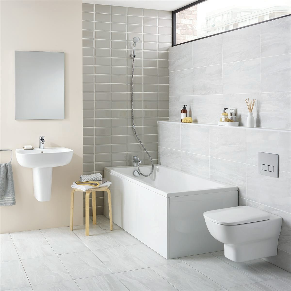 Ideal Standard Studio Echo wall hung toilet with soft close seat, frame, cistern and Oleas flush plate