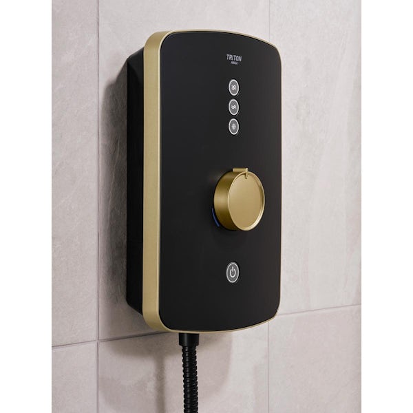 Triton Amala matt black electric shower with brushed brass details