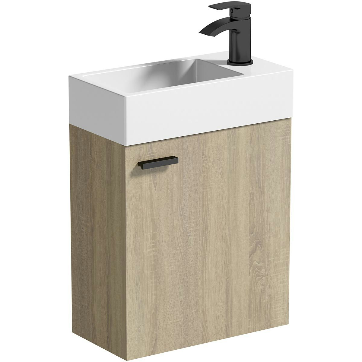 Clarity Compact oak wall hung vanity unit with black handle and basin 410mm