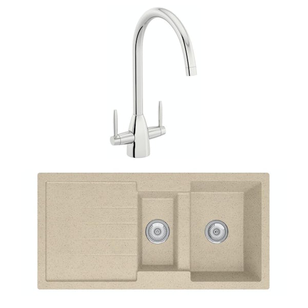 Schon Roseto Sand beige 1.5 bowl reversible kitchen sink with Schon dual lever kitchen tap
