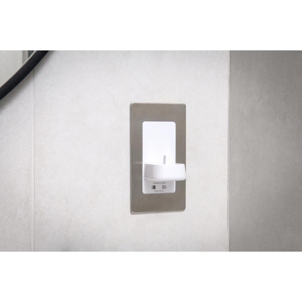 Proofvision brushed steel faceplate for dual toothbrush charger and with socket charger