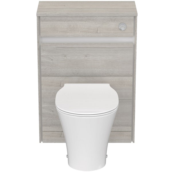 Ideal Standard Concept Air wood light grey and matt white back to wall unit, concealed cistern, push button and toilet with soft close seat