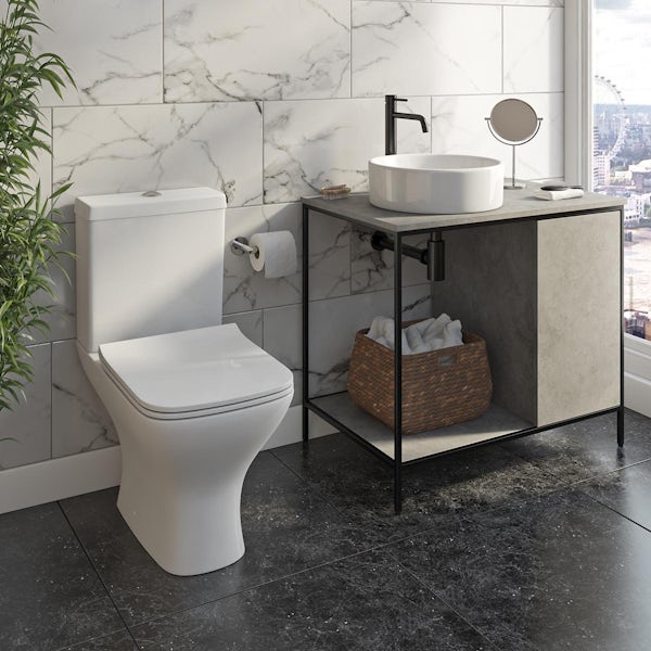 Mode Bergne dark concrete grey washstand with black steel frame, countertop basin and compact toilet