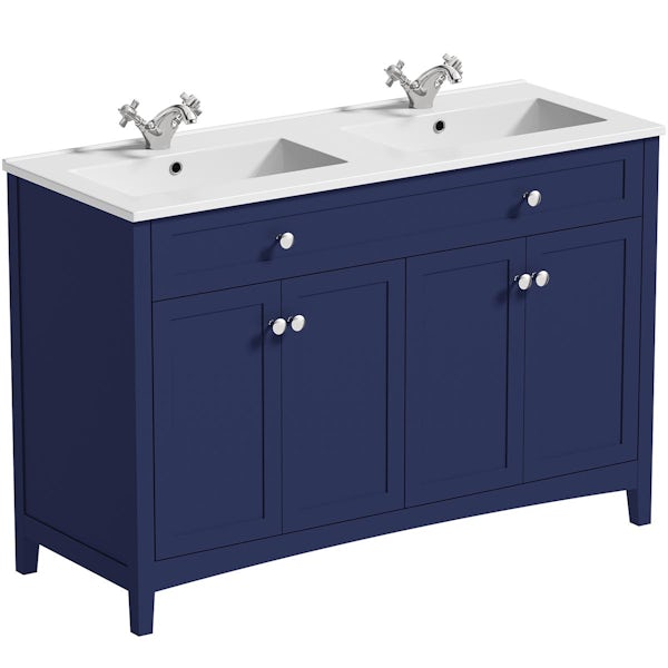 The Bath Co. Camberley navy floorstanding double vanity unit and ceramic basin 1210mm with taps