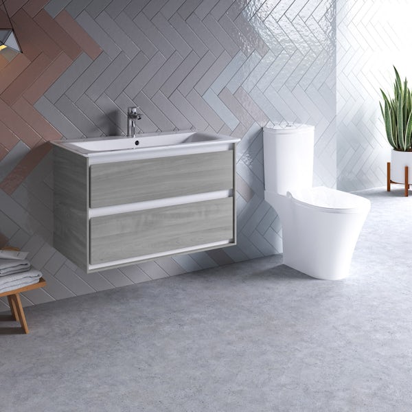 Ideal Standard Concept Air wood light grey vanity unit with open back close coupled toilet