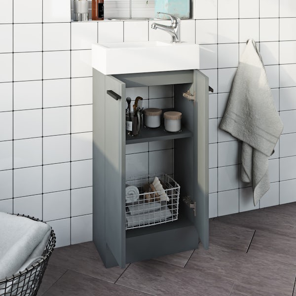 Clarity satin grey wall hung vanity unit with black handle and ceramic basin 600mm