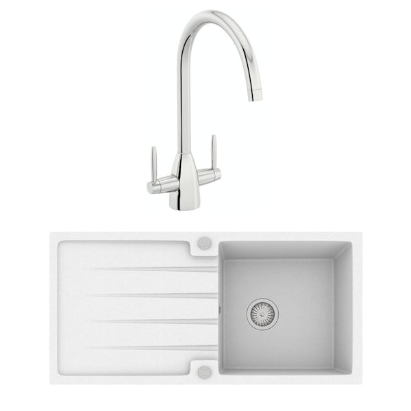 Schon Bosa chalk white 1.0 bowl reversible kitchen sink with Schon dual lever kitchen tap