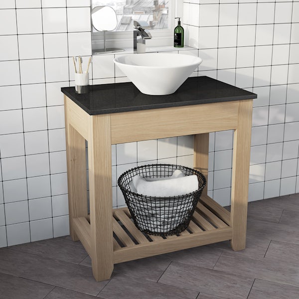 The Bath Co. Hoxton oak washstand with black marble top and Erie basin 800mm