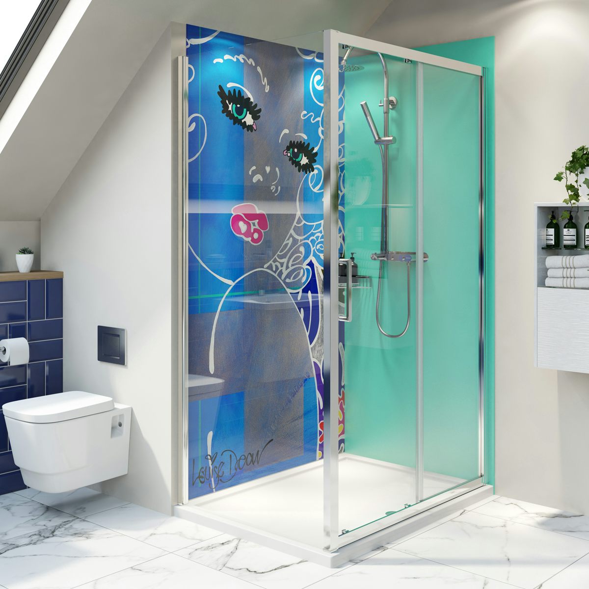 Louise Dear Coo..ee Green acrylic shower wall panel pack with rectangular enclosure