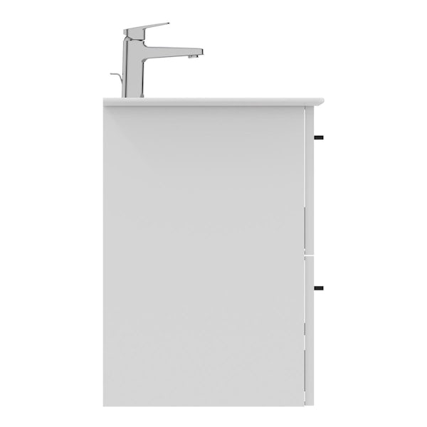Ideal Standard i.life A matt white wall hung vanity unit with 2 drawers and black handles 840mm
