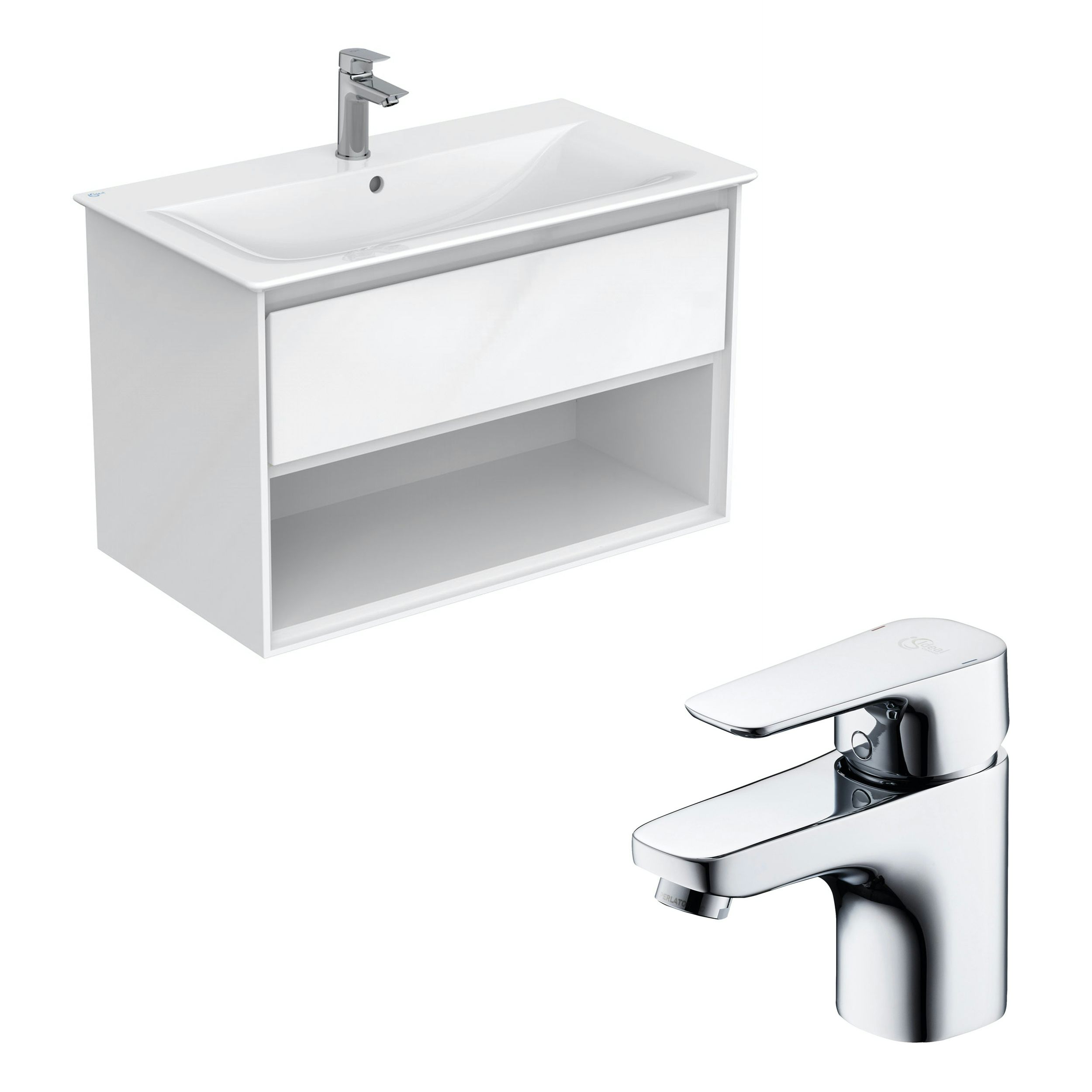 Ideal Standard Connect Air gloss and matt white open wall hung vanity unit and basin 800mm with free tap