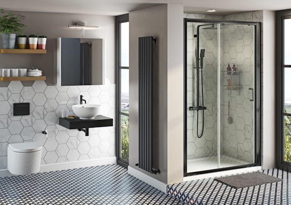 Mode Tate wall hung toilet and complete black shower door suite 1200mm