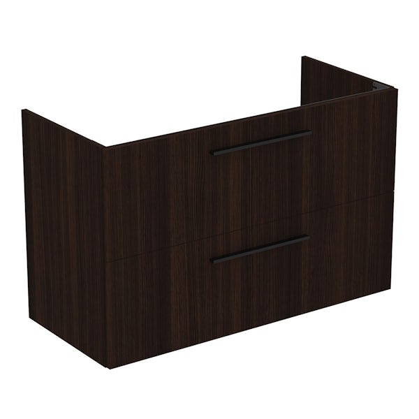 Ideal Standard i.life A coffee oak wall hung vanity unit with 2 drawers and black handles 1040mm