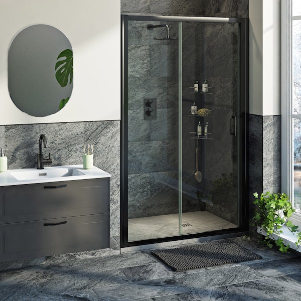 Mode 6mm black framed shower door bundle with grey slate effect shower tray 1200 x 800