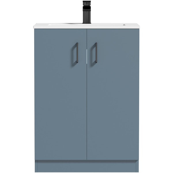 Orchard Lea ocean blue floorstanding vanity unit with black handle 600mm and Derwent square close coupled toilet suite
