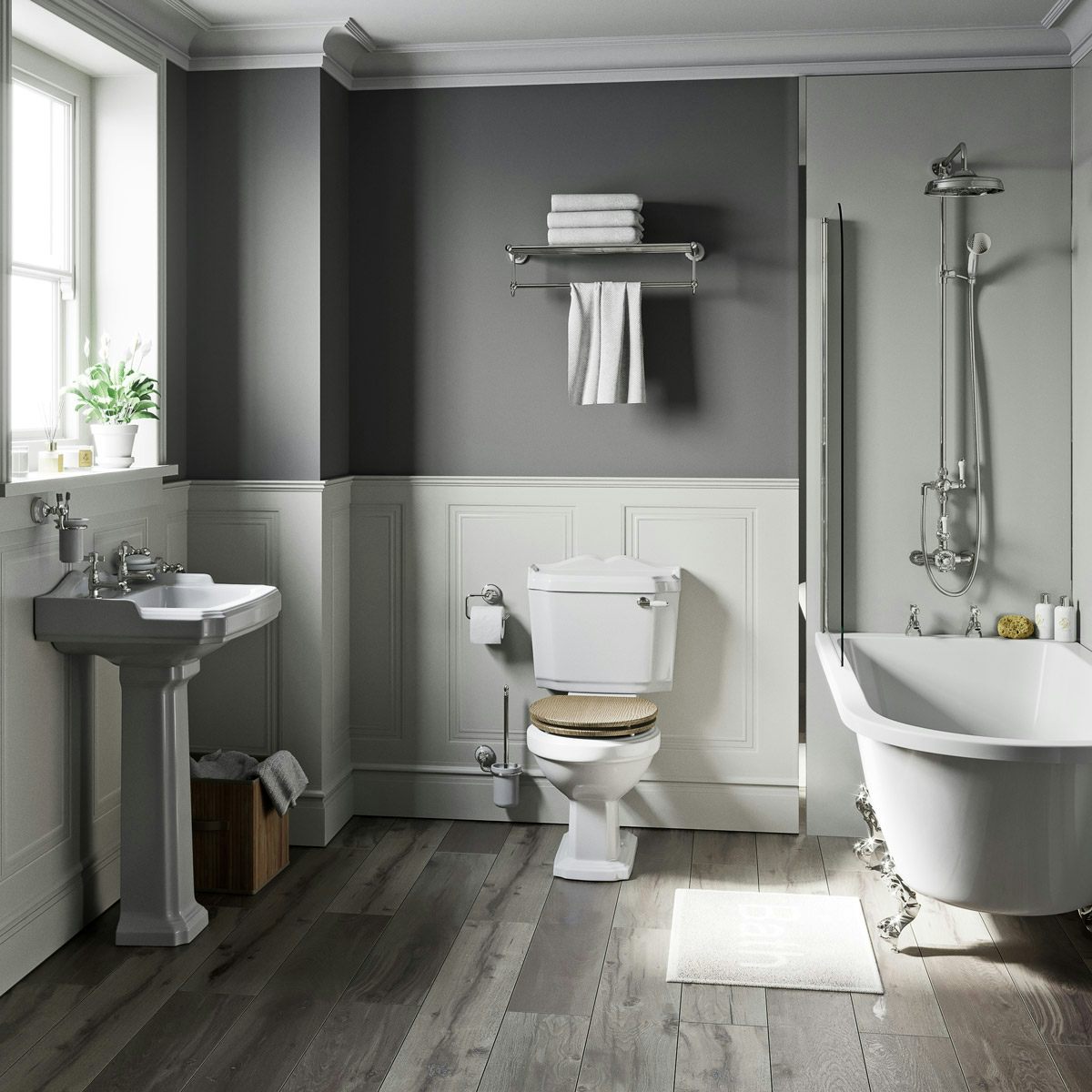 Orchard Winchester freestanding shower bath suite with limed oak effect seat