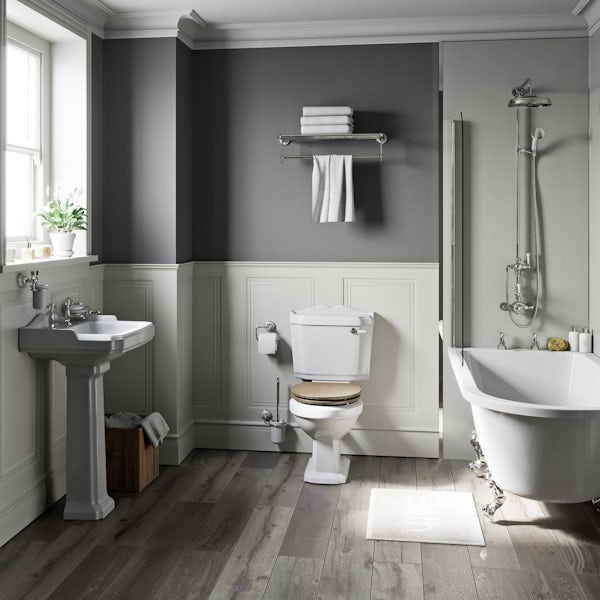 The Bath Co. Winchester grey oak freestanding shower bath suite