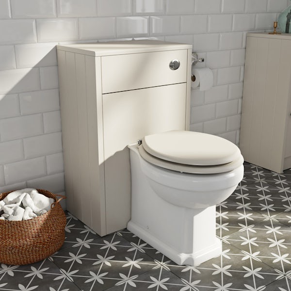 The Bath Co. Dulwich back to wall toilet with ivory soft close seat, concealed cistern and push plate