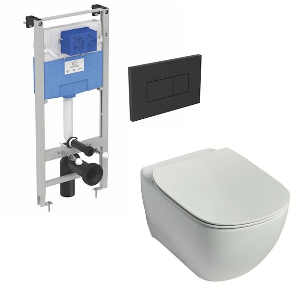 Ideal Standard Tesi wall hung toilet with Aquablade, soft close seat, frame, cistern and Solea black dual flushplate