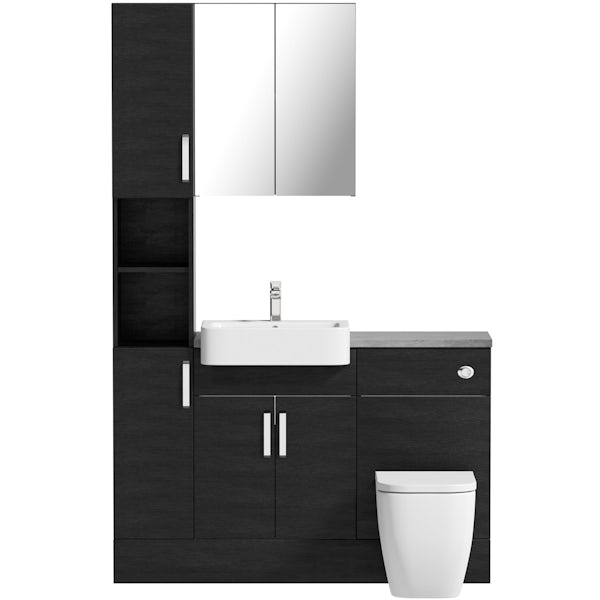 Reeves Nouvel quadro black tall fitted furniture & mirror combination with pebble grey worktop
