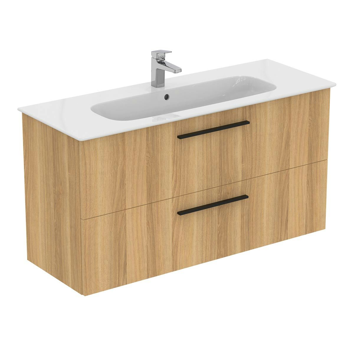 Ideal Standard i.life A natural oak wall hung vanity unit with 2 drawers and black handles 1240mm