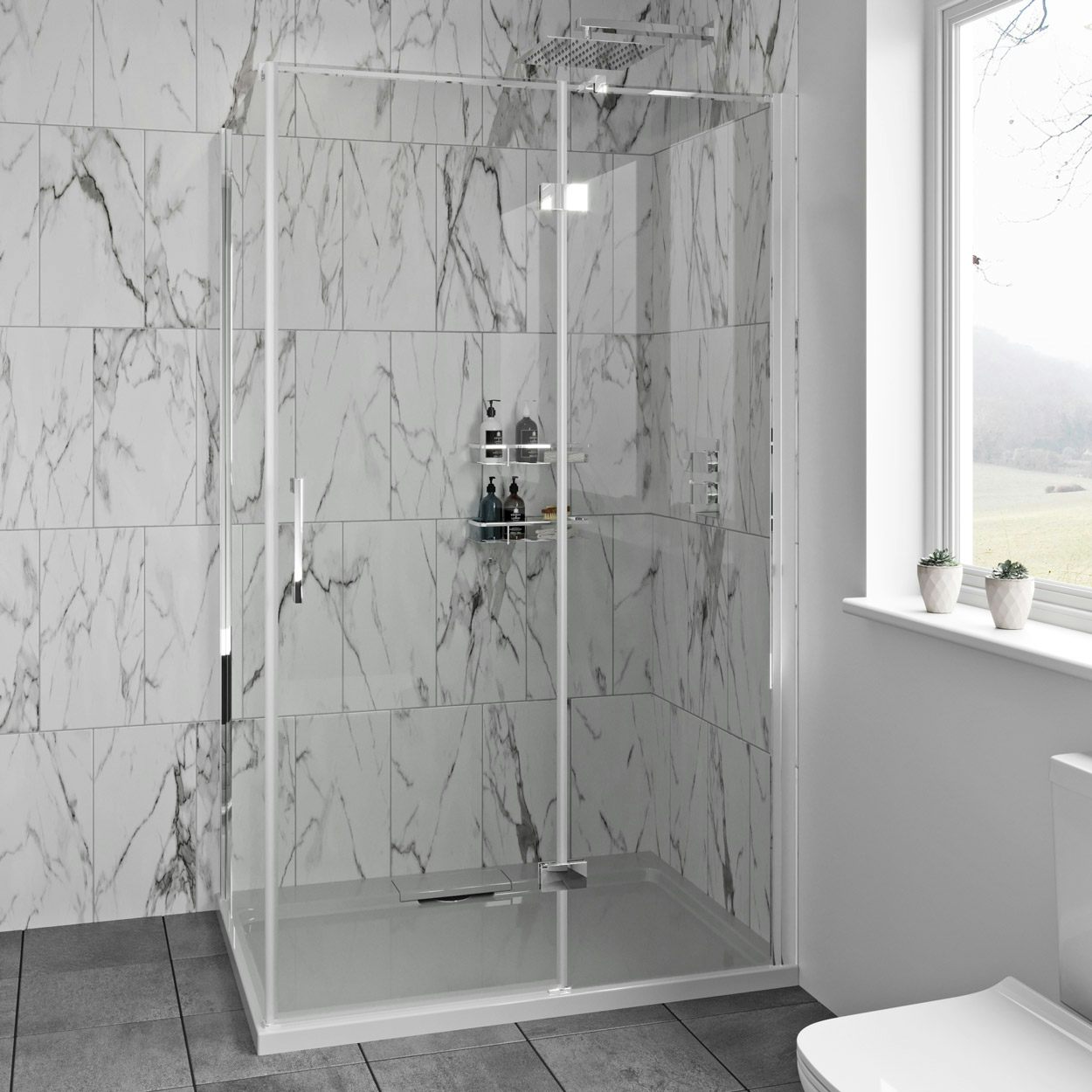 iBathUK 1400 x 900 mm White Slate Effect Rectangular Shower Enclosure Tray Free Waste 